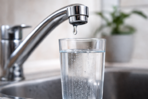 Imagine cu un robinet și un pahar cu apă, folosită ilustrativ pentru anunțul privind oprirea apei în Eforie Sud și Tuzla