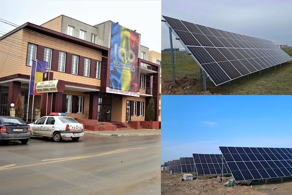 clădirea administrației locale din Cumpăna și panouri fotovoltaice montate în cadrul proiectului energetic