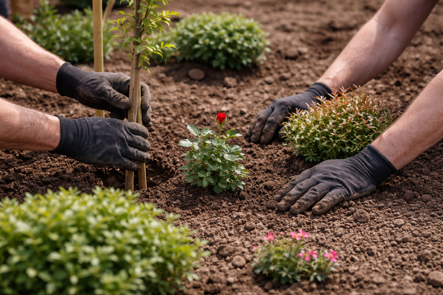 Mâini cu mănuși plantează arbori, trandafiri și arbuști în cadrul campaniei de primăvară din Constanța