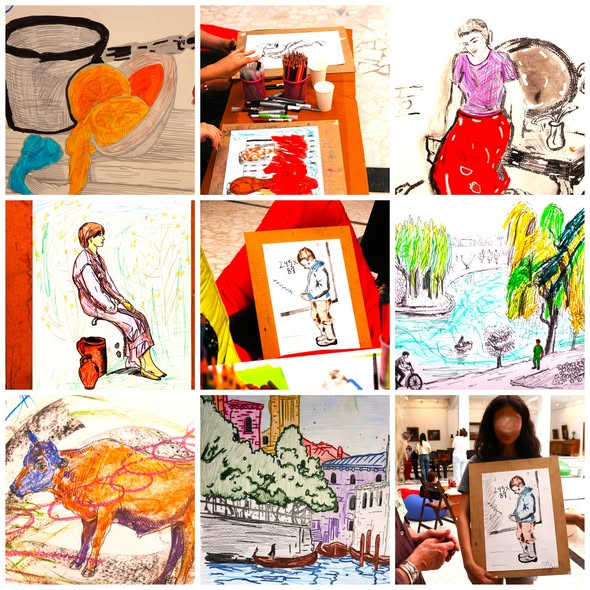 Colaj cu lucrări și schițe prezentate în cadrul expoziției ARTEFAPTE de la Muzeul de Artă Constanța