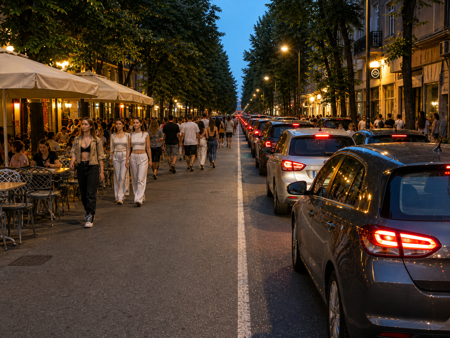 Bulevardul Tomis din Constanța, împărțit între zonă pietonală cu terase și trafic rutier