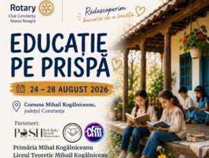 Afișul proiectului Educație pe Prispă, organizat la Mihail Kogălniceanu între 24 și 28 august 2026