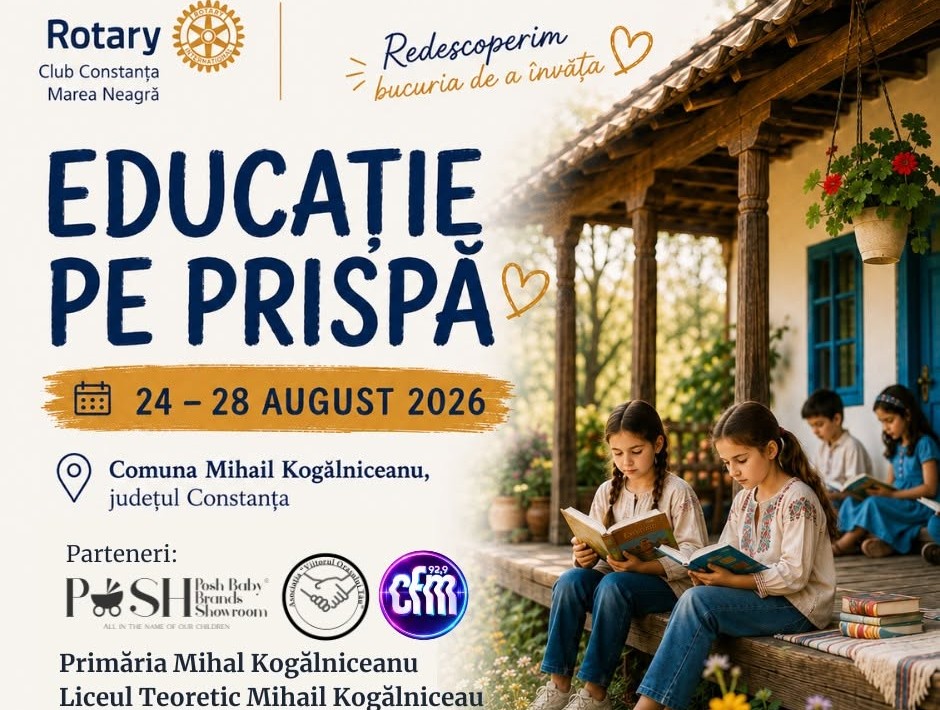 Afișul proiectului Educație pe Prispă, organizat la Mihail Kogălniceanu între 24 și 28 august 2026