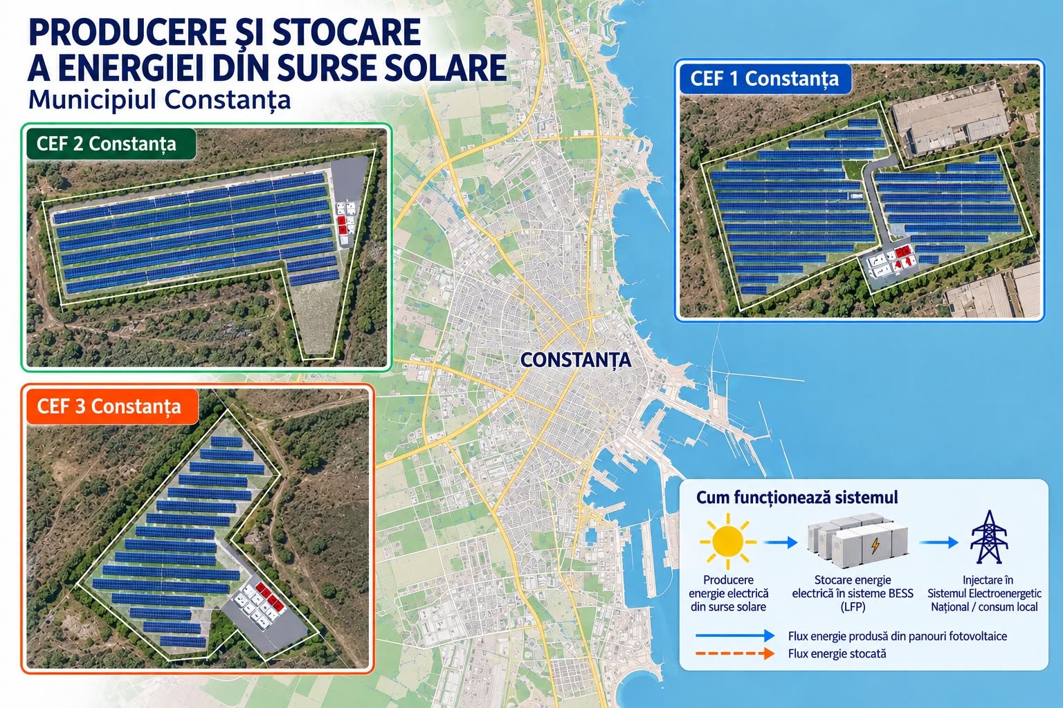 Amplasarea celor trei centrale fotovoltaice și a sistemelor de stocare a energiei din Constanța